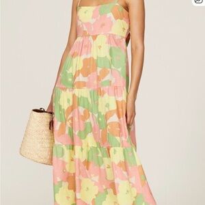 Pastel Floral Tiered Midi Dress in Pink, Green & Yellow
